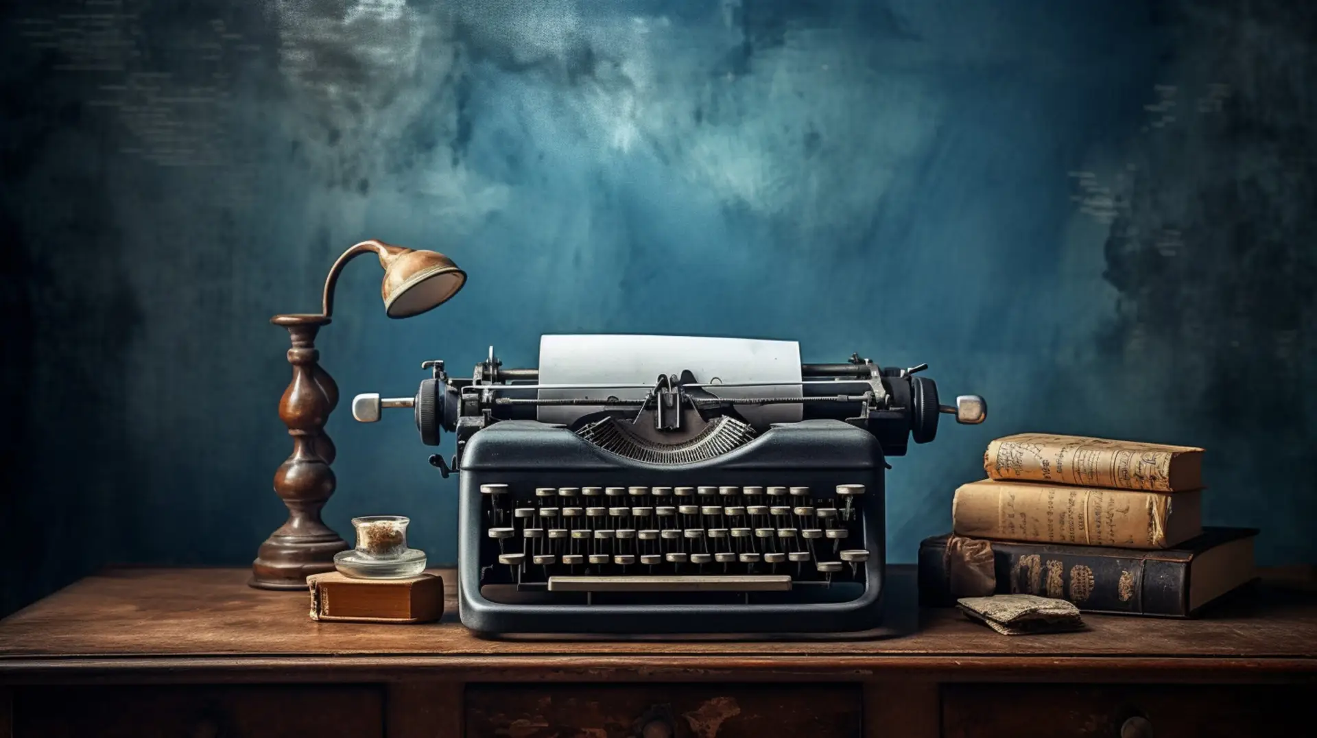Naslovna Vintage typewriter on antique wooden desk with retro lamp, old books, and aged paper — nostalgic writer’s workspace setup.