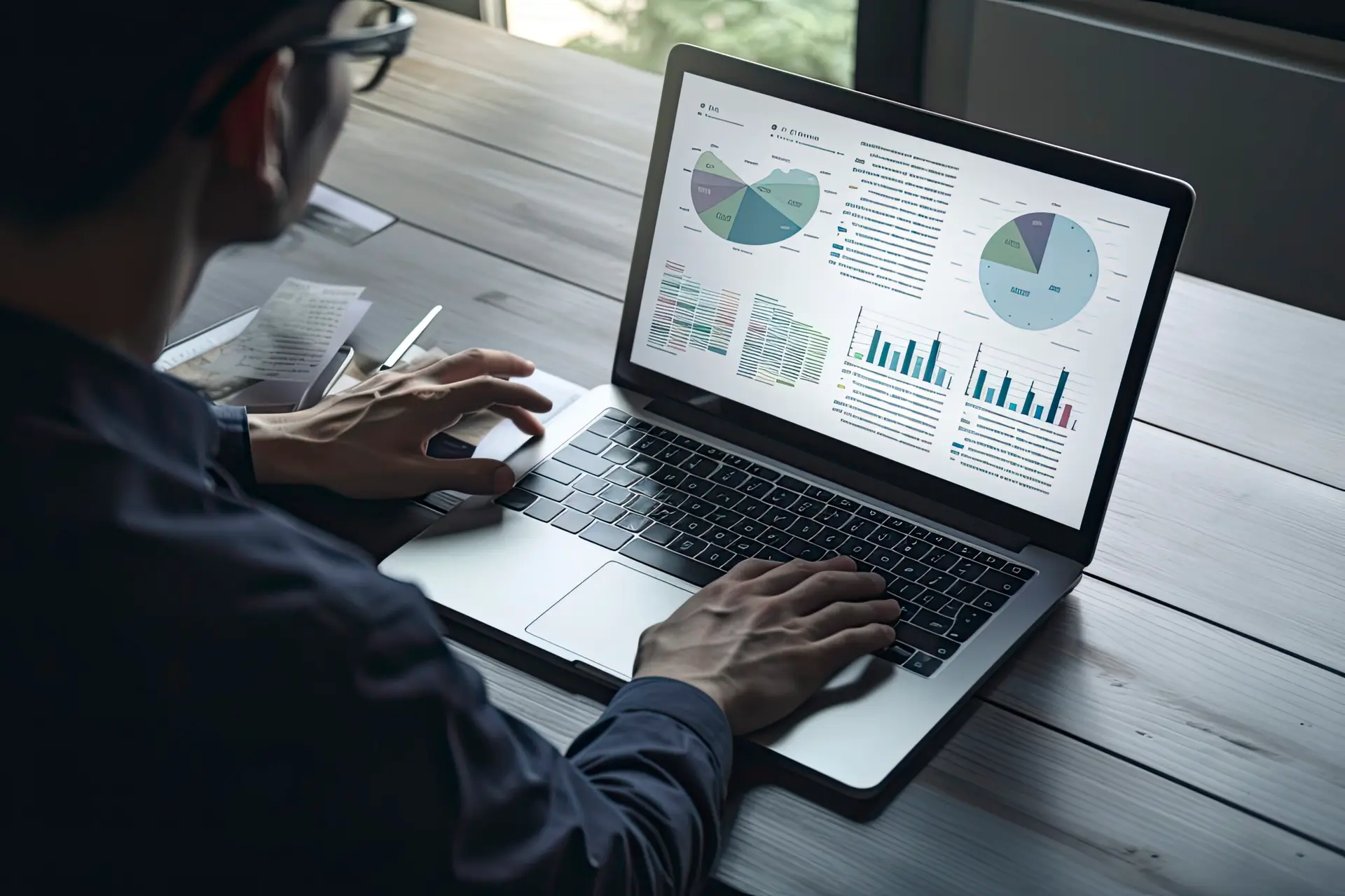 Naslovna Business analyst reviewing data dashboards and financial charts on laptop — digital marketing analytics and performance metrics reporting.